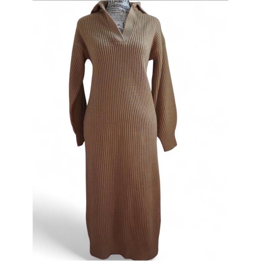 ASOS Camel Tan Ribbed Knit Maxi Sweater Dress Quiet Luxury Open Collar V Neck